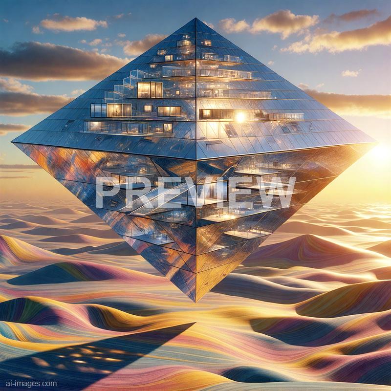 The image features a futuristic, geometrically complex glass building that appears to be floating above a colorful, undulating landscape of sand dunes. The building's reflective surfaces mirror the warm hues of the sunset sky, with clouds scattered across the horizon, creating a glowing and ethereal atmosphere. The architecture has a diamond-like shape with multiple windows and terraces, giving it a modern and innovative appearance.